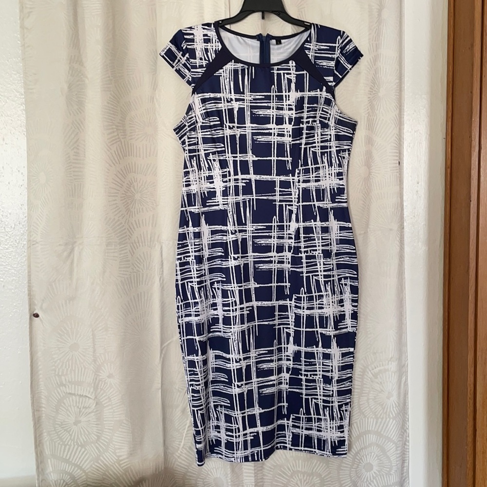 Blue and white bodycon office dress